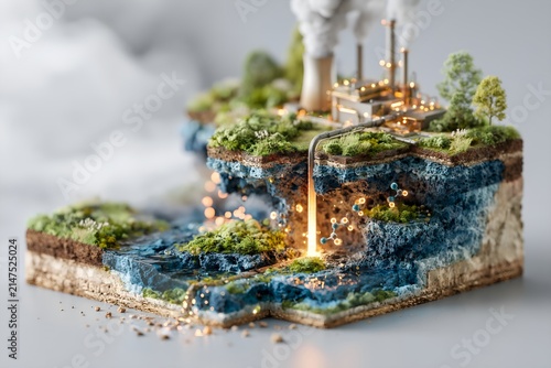 Miniature landscape with waterfall and industrial elements. Falls cascade over layered earth and greenery
