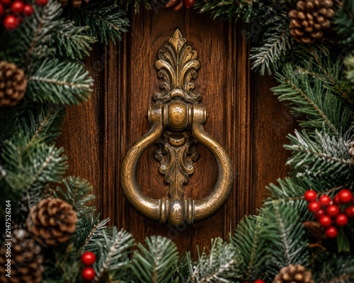 Festive front door decorated with pine wreath and vintage brass knocker