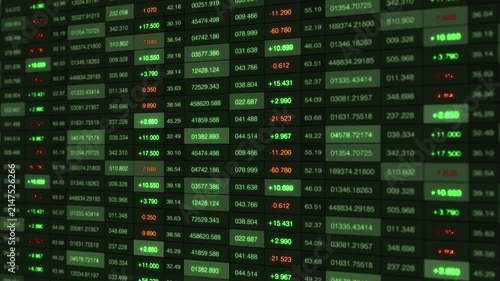 Stock Market Data Visualization: Dynamic Display of Numerical Trends and Fluctuations with Foreground Annotations in Green, Red and Black Tones Reflecting Trading Volumes