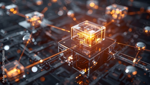 Interconnected glowing glass cubes representing advanced digital neural network data processing infrastructure system architecture with transmission artificial intelligence