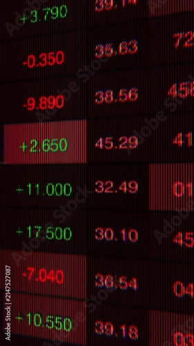 Detailed Analysis of Stock Market Data with Fluctuating Values Represented in Red and Green on a Digitally Processed Display Screen