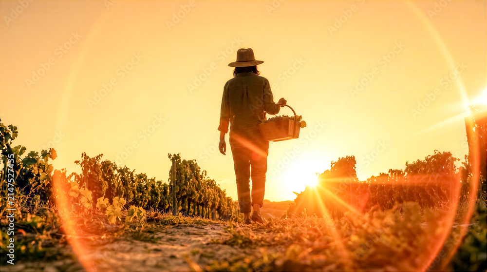 Obraz premium Woman walks through rows of grapevines during sunset holding basket. Warm light fills the sky. Concept of agriculture, wine production, outdoor work