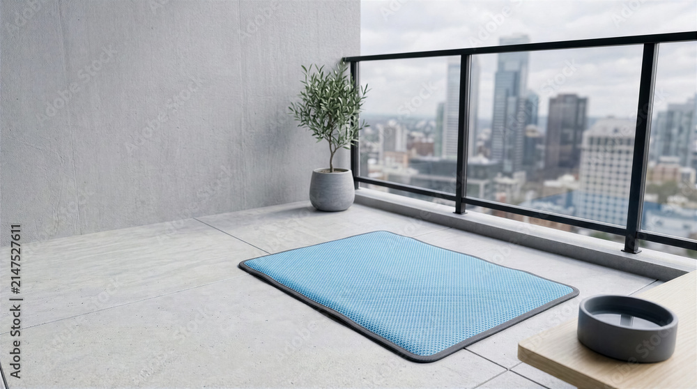 Obraz premium Blue mat sits on balcony with city view. Potted plant adds greenery to urban setting. Concept of home decor, outdoor living, apartment design