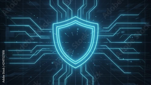 Glowing Digital Shield Icon Protecting Data from Cyber Attack with Circuit Board Lines on Dark Background, Motion Graphics