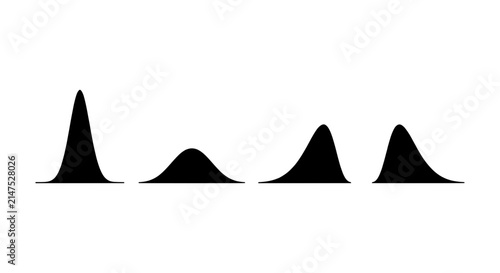 Four Black Probability Distribution Curves, Data Visualization Icons, Scientific Analysis Symbols