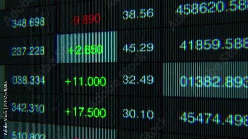 Dynamic Stock Market Display: A Close-Up of Real-Time Trading Data with Fluctuating Numbers Representing Market Performance and Stock Exchanges