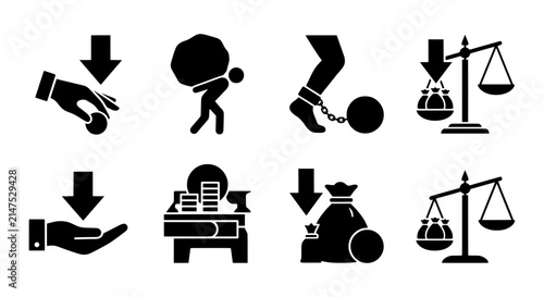 Financial Burden Icons, Debt & Poverty Symbols, Economic Struggle Vector Set