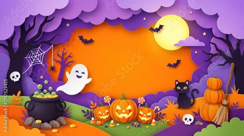 Halloween background with paper cut style pumpkins, ghost, black cat, cauldron, and full moon
