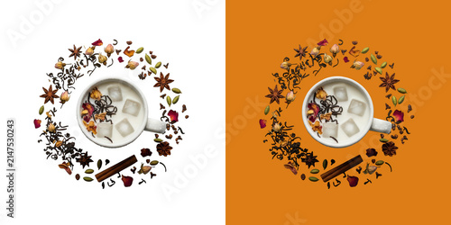 Iced masala chai tea cup with circular spice wreath
