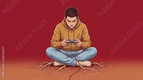 Gaming Addiction Roots Young Man Deeply Immersed in Digital World and Escapism Through Controller