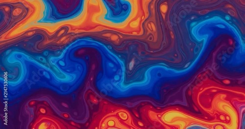 Abstract liquid marble texture with blue and orange swirls.