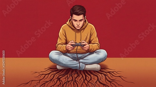 Gaming Boy Immersed in Digital World Symbolizing Deep Connection to Virtual Reality Lifestyle
