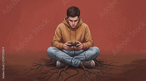 Gaming Boy Entrenched in Digital World as Roots Symbolize Deep Immersion and Connection to Virtual Reality