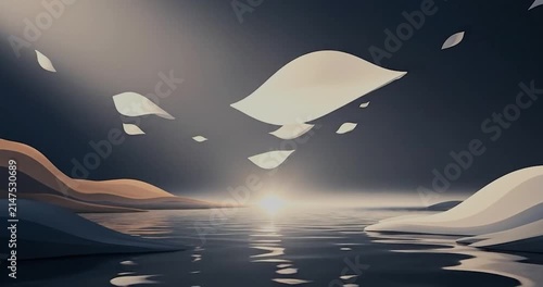 Abstract minimalist landscape featuring floating white curved shapes.