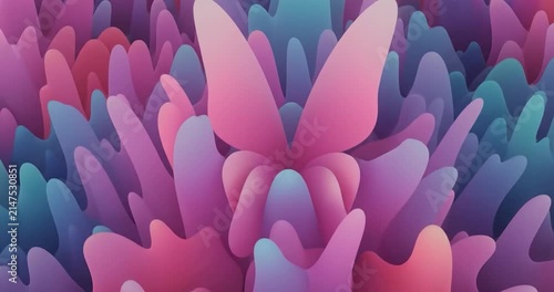 Abstract pink butterfly silhouette among colorful wavy tentacles.