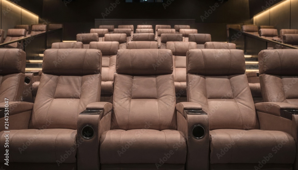 Fototapeta premium Medium shot highlighting luxury recliner seats in an auditorium focused on plush seating layout with aisles and accessibility routes softly blurred.