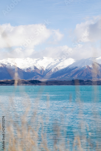 Snow covered mountain range above turquoise lake with soft foreground blur