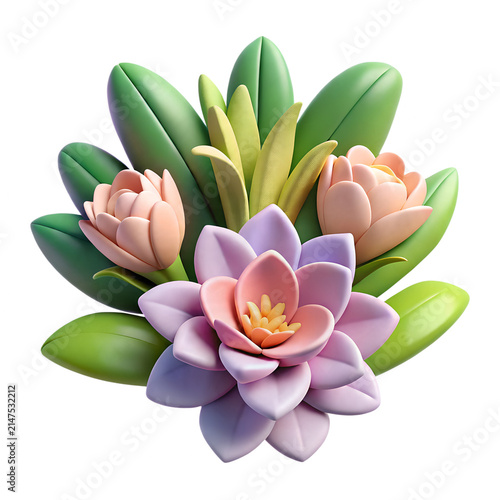 Vibrant pastel 3d floral arrangement featuring soft pink and purple blossoms with lush green foliage presented on transparent background