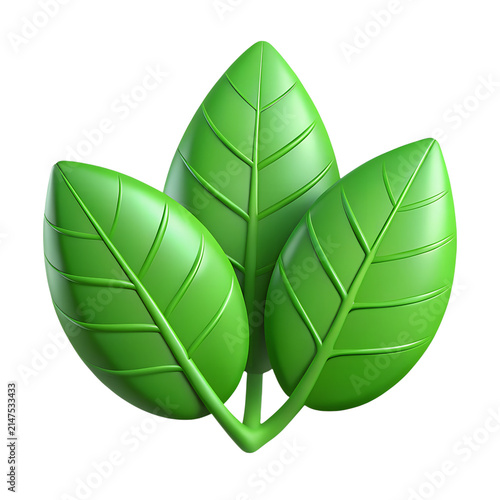 Vibrant green 3D leaves icon featuring smooth textures and stylized plant design elements isolated for professional graphic design on transparent background