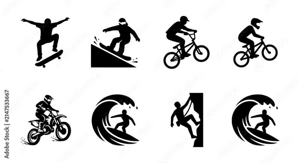 Fototapeta premium Extreme Sports Icons: Skateboarder, Snowboarder, BMX, Motocross, Surfer, Climber Vector Set