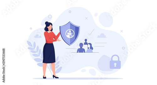 Woman with Shield Protecting People, Security and Privacy Concept, Flat Design