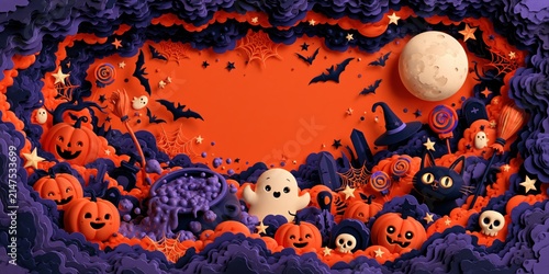 Halloween paper cut background with pumpkins, ghosts, bats, and a witchs cauldron, festive holiday design