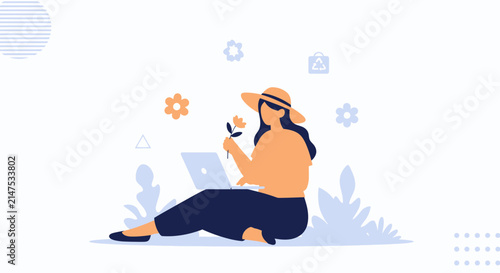 Woman working on laptop outdoors with flowers and nature elements, flat design illustration