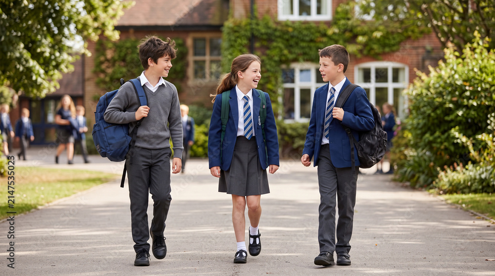 Fototapeta premium Two boys and one girl in school uniforms carrying backpacks 1st September