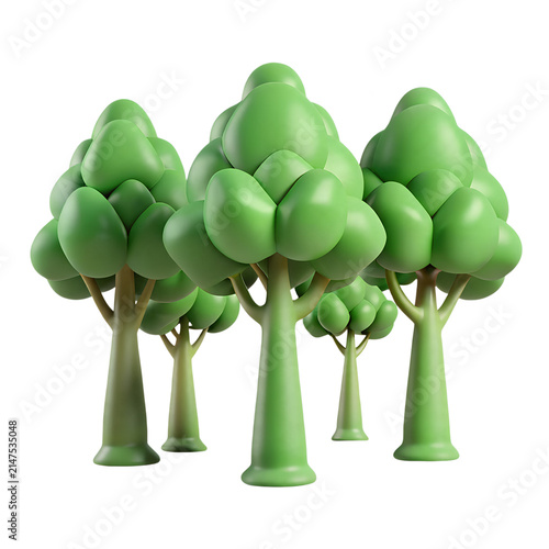 Stylized 3d green trees with round organic leaves and thick trunks displayed as a small forest set on transparent background