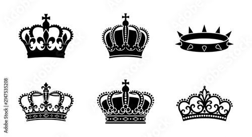 Fotografie Royal Crown Icons Set, Regal Headwear Vector Graphics, Majestic Symbols Collecti
