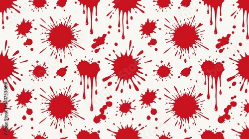 Seamless pattern of red blood splatters and drips on a white background