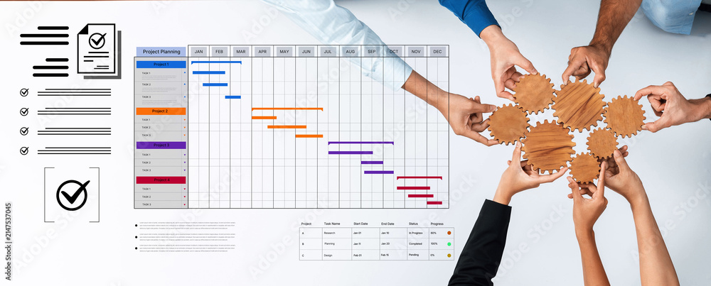 Obraz premium A project management dashboard for business. The interface features a Gantt chart to visualize the project timeline, task scheduling, and overall progress for efficient workflow. Fermion