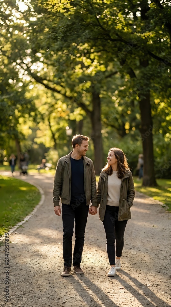 Fototapeta premium Young couple walking hand in hand on tree-lined park path during golden hour, wearing casual jackets and dark pants, enjoying outdoor leisure time together.