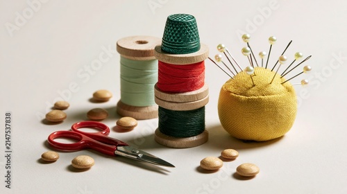 Colorful thread spools are stacked next to a thimble, scissors, and a pincushion overflowing with pearl-headed pins on a light background.