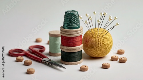 Colorful thread spools are stacked next to a thimble, scissors, and a pincushion overflowing with pearl-headed pins on a light background.