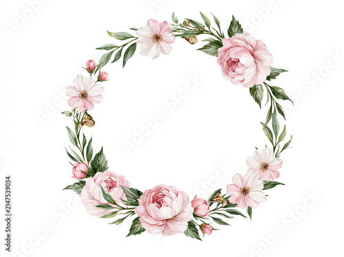 A delicate floral wreath with soft pink roses and green leaves, perfect for celebrations or invitations AI generative