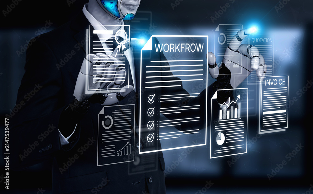 Obraz premium Futuristic Businessman in Suit with Robot Arm Interacting with Virtual Documents and Graphs on Screen in a Modern Office Environment. Bitwise.