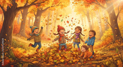 Children playing in an autumn forest throwing leaves