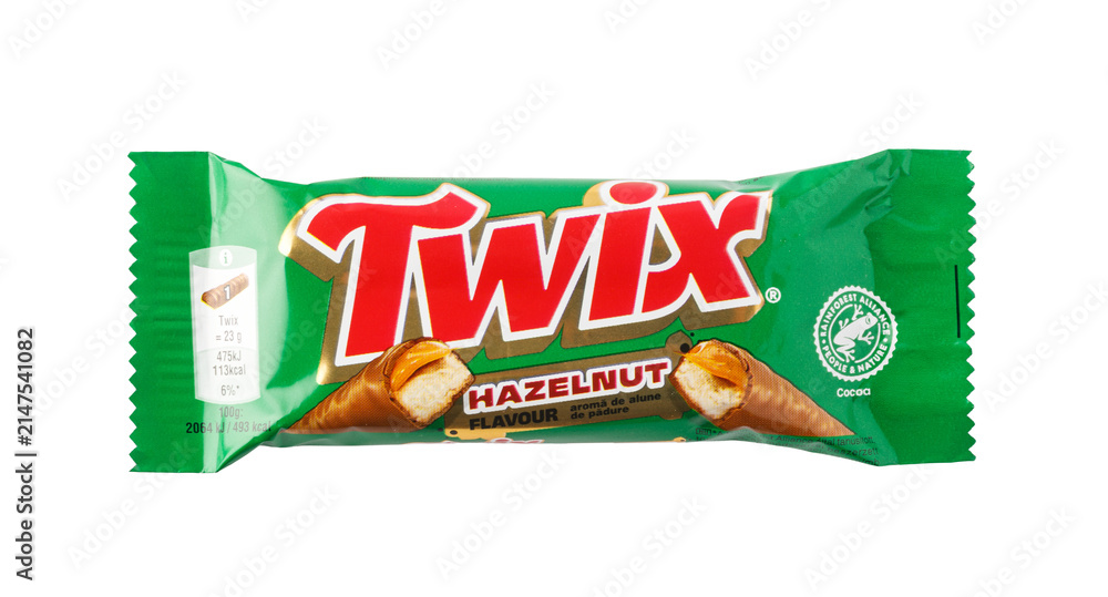 Fototapeta premium Twix hazelnut flavour chocolate bar on transparent background