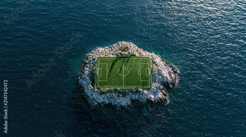 A green soccer field sits on a small, rocky island surrounded by the vast, deep blue ocean.