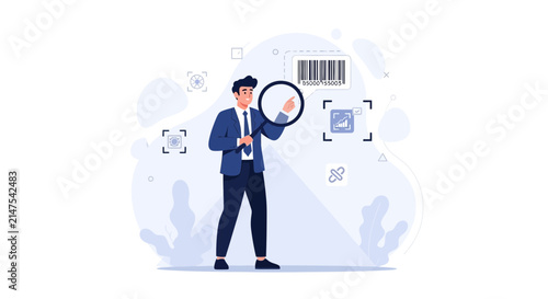 Businessman Analyzing Barcode and QR Code with Magnifying Glass, Data Scanning and Analysis Concept