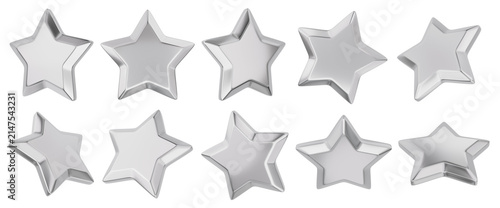 Isolated 3D rendered set of beveled silver stars for customer review interfaces premium quality indicators and achievement awards.