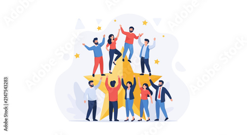 Diverse Team Celebrating Success on a Golden Star, Vector Illustration
