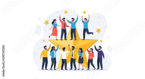 Diverse Team Celebrating Success on a Giant Golden Star with Stars and Abstract Shapes