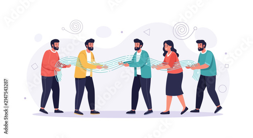 Diverse team collaborating, building connection and unity with abstract energy flow