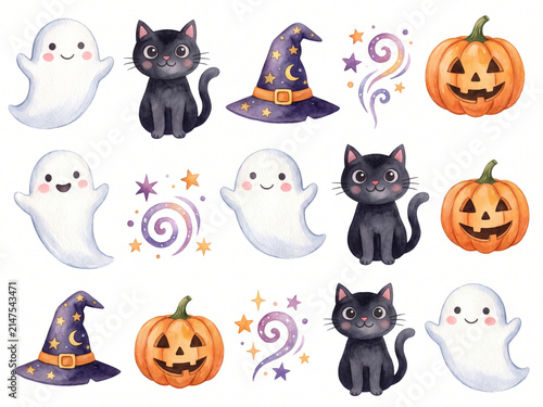 A beautiful set of cute watercolor Halloween elements with friendly ghosts, black cats, carved jack-o-lantern pumpkins and witch hats isolated on a white background.