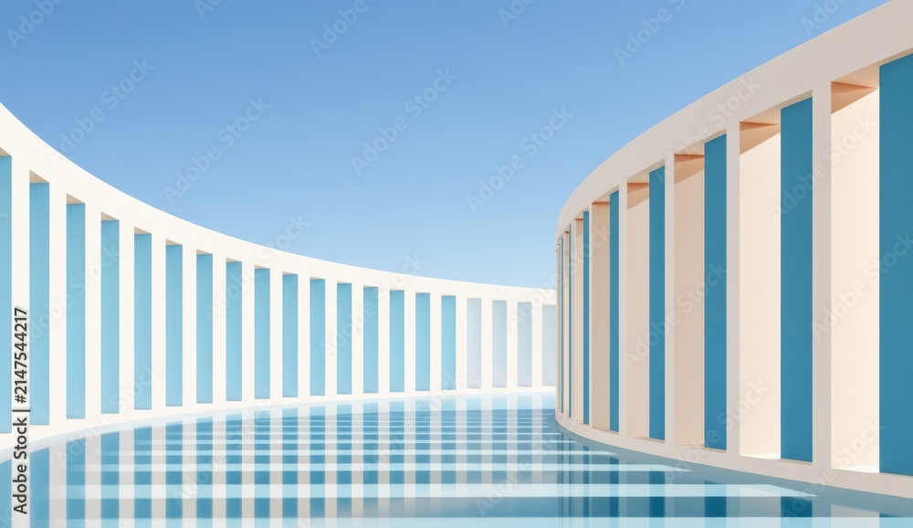 Fototapeta premium Abstract modern architectural colonnade with curved white columns and reflective blue water under sky
