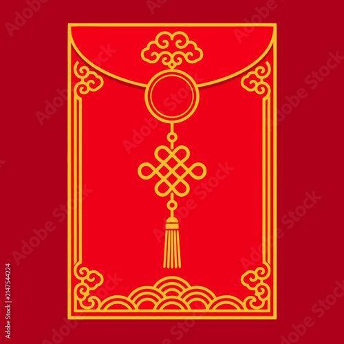 Traditional golden Chinese red packet hongbao ornament vector for Lunar New Year celebration, perfect for Spring Festival branding materials, and Asian product packaging labels