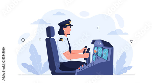 Female pilot in uniform flying an airplane cockpit with flight instruments and control yoke, vector illustration