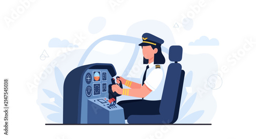 Female pilot in uniform operating aircraft cockpit control panel with instruments and joystick